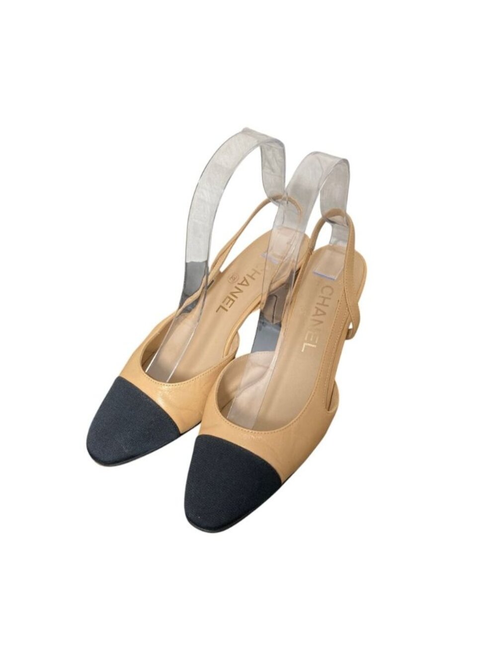 Chanel Goatskin & Grosgrain Slingback Shoes Pumps 35C Beige